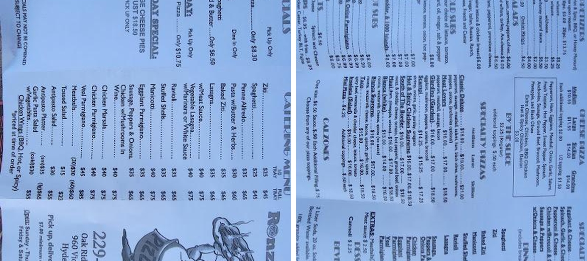 Ronzoni Menu